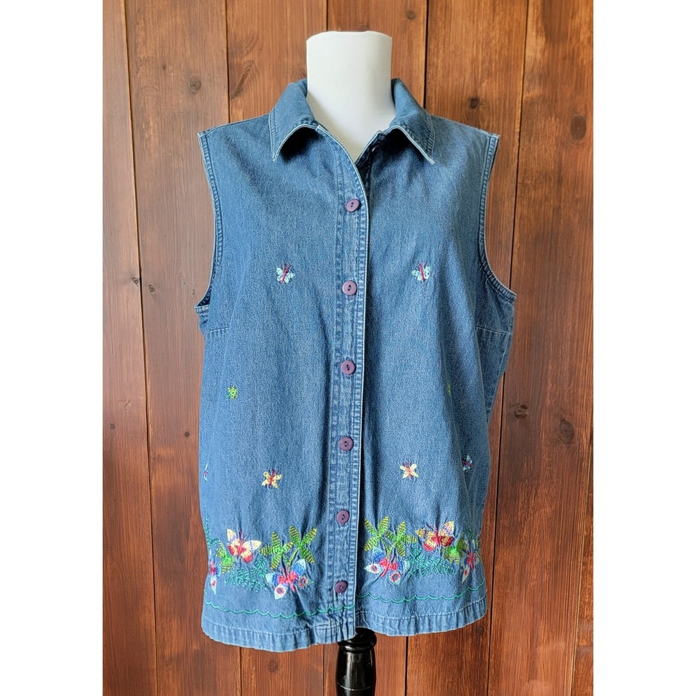 Vintage 90s Cottagecore Women 14 Embroidered‎ Denim Vest Floral Butterfly Detail